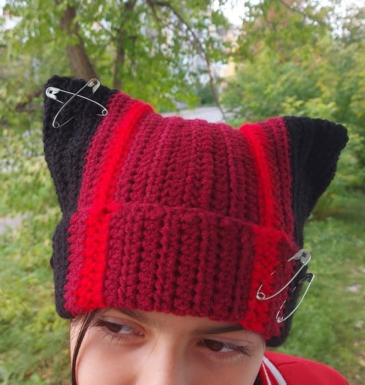 Cat Ear Crochet Beanie - Red & Black Hand-Knit