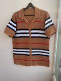 Handmade Crochet Button-Up Shirt – Vintage Striped Brown Knit