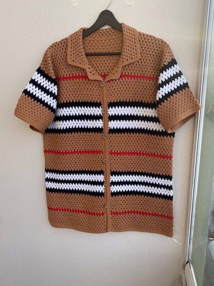 Handmade Crochet Button-Up Shirt – Vintage Striped Brown Knit
