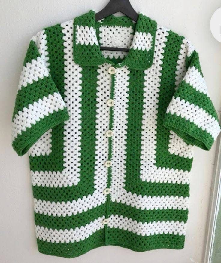 Green & White Handmade Crochet Shirt