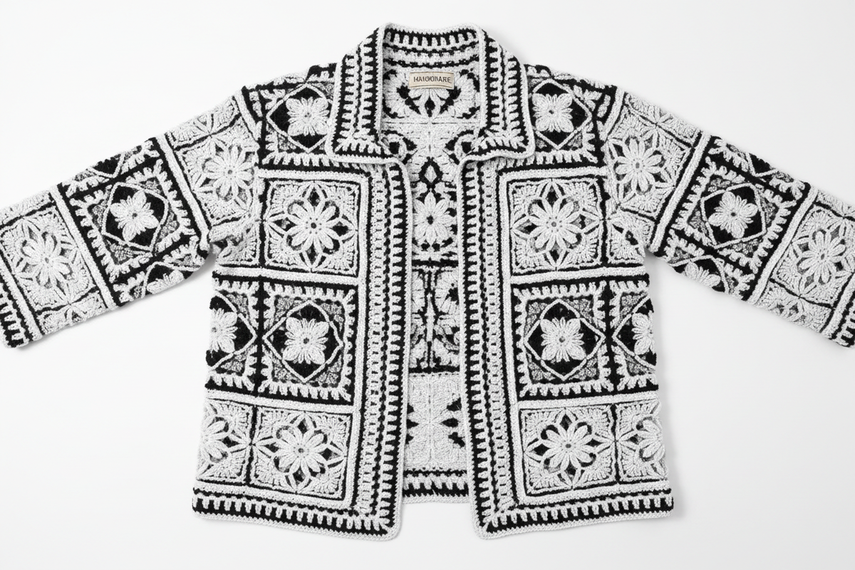Artisan Black & White Crochet Jacket Flat Lay